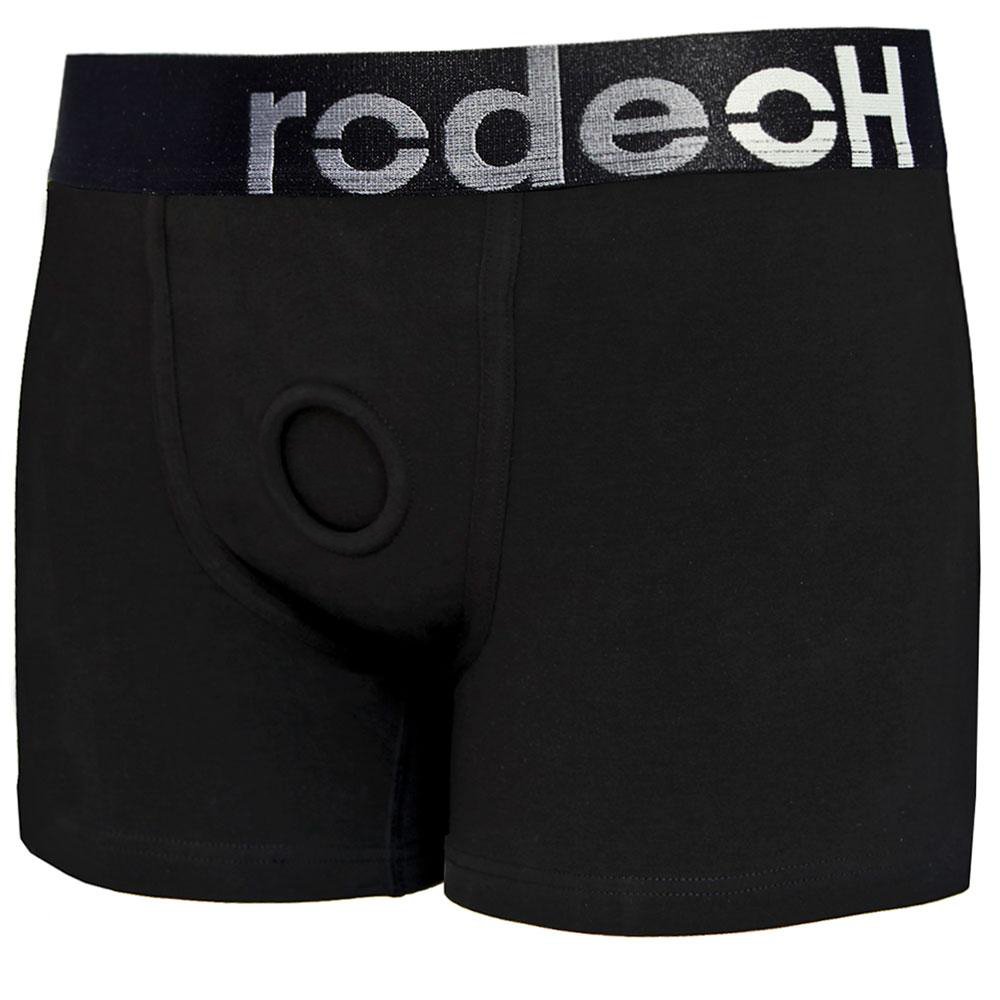 Black boxer-style harness with a circular O-ring at the front and the brand name 'Rodeoh' displayed on the waistband.