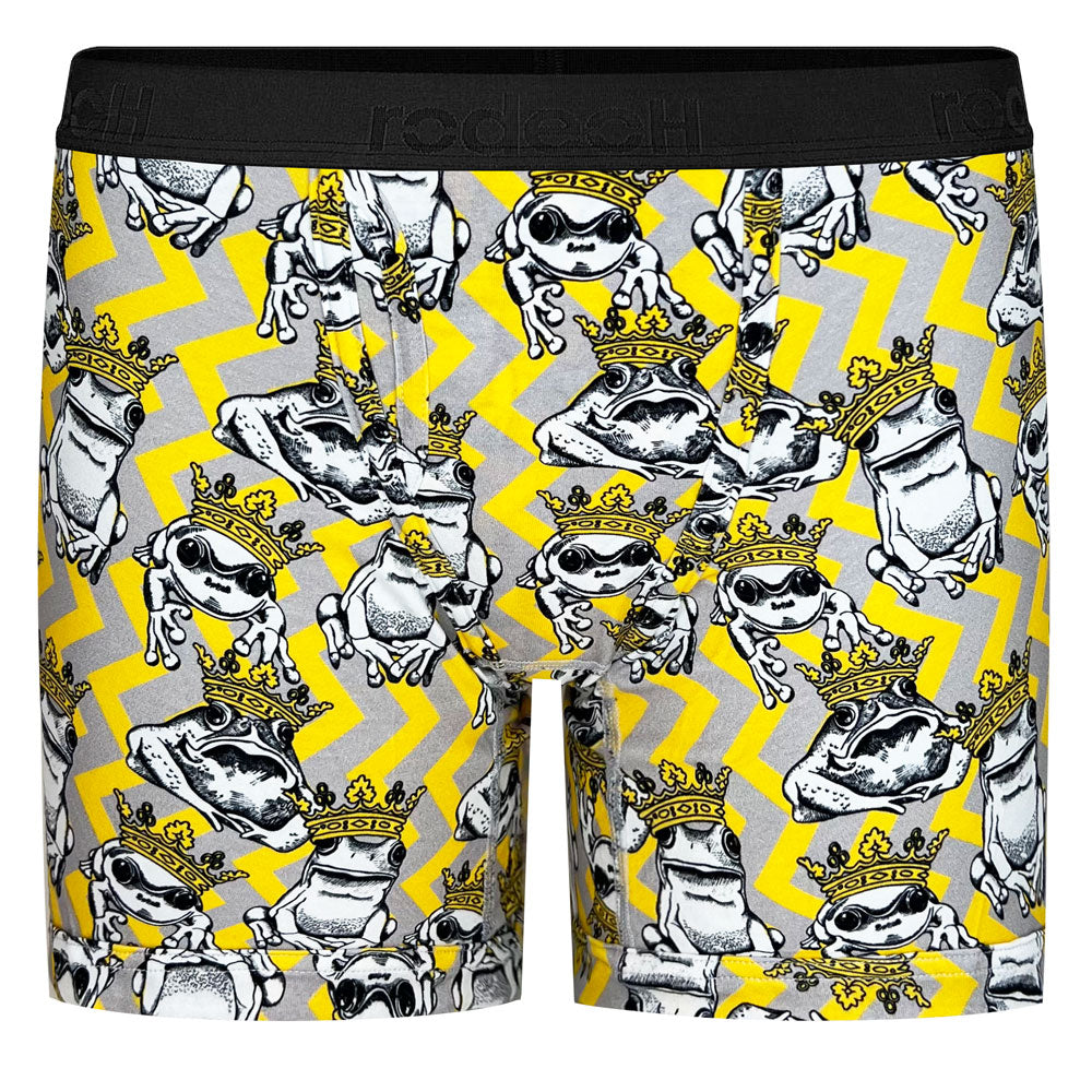 gray and yellow chevron stripe print, with frogs wearing crowns print RodeoH 6" inseam gender neutral boxer brief underwear with a satin logo band
