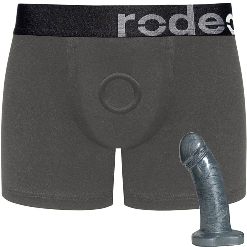 Classic Gray Boxer+ Harness and 5" Steel Pearl Dildo - PACKAGE DEAL