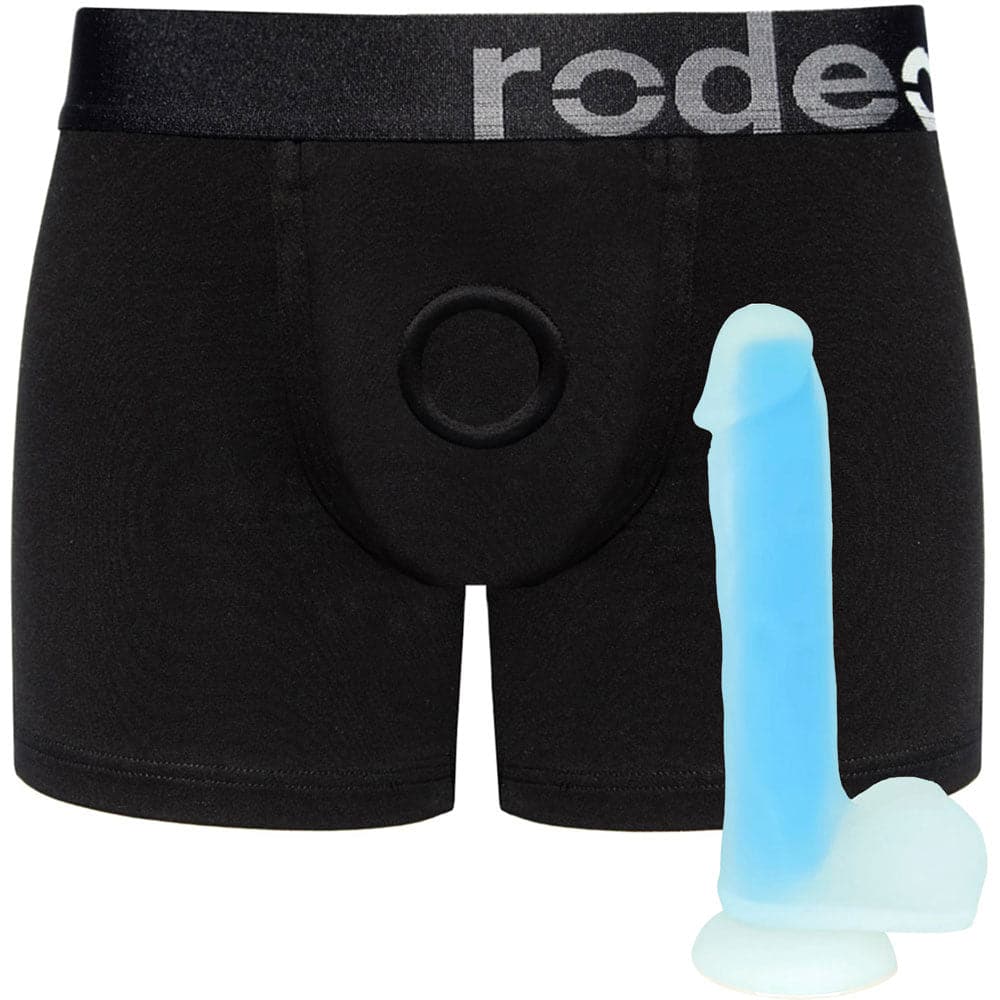 Black Boxer+ Harness &  6" Blue Glo-Fi Silicone Dildo - Package Deal