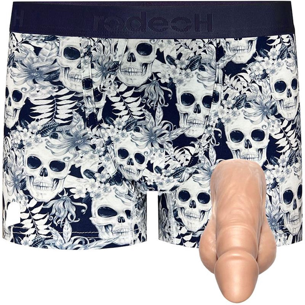 Pete silicone soft packer with classic Top Loading Midnight Skulls boxer, with vanilla pete