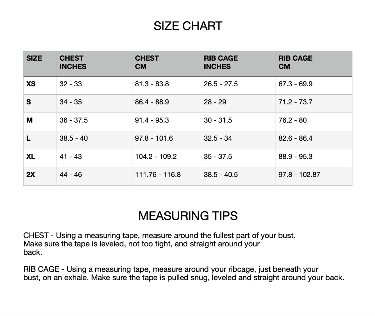 Rodeoh compression top size chart