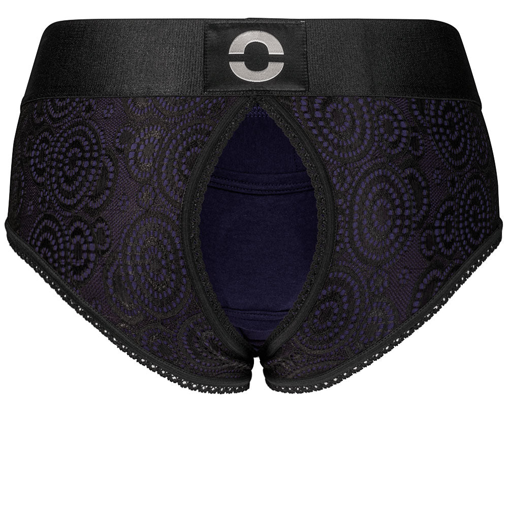 rodeoh crotchless panty harness violet with black lace back view