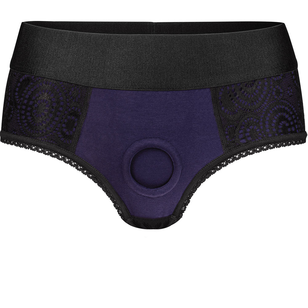 rodeoh crotchless panty harness violet with black lace