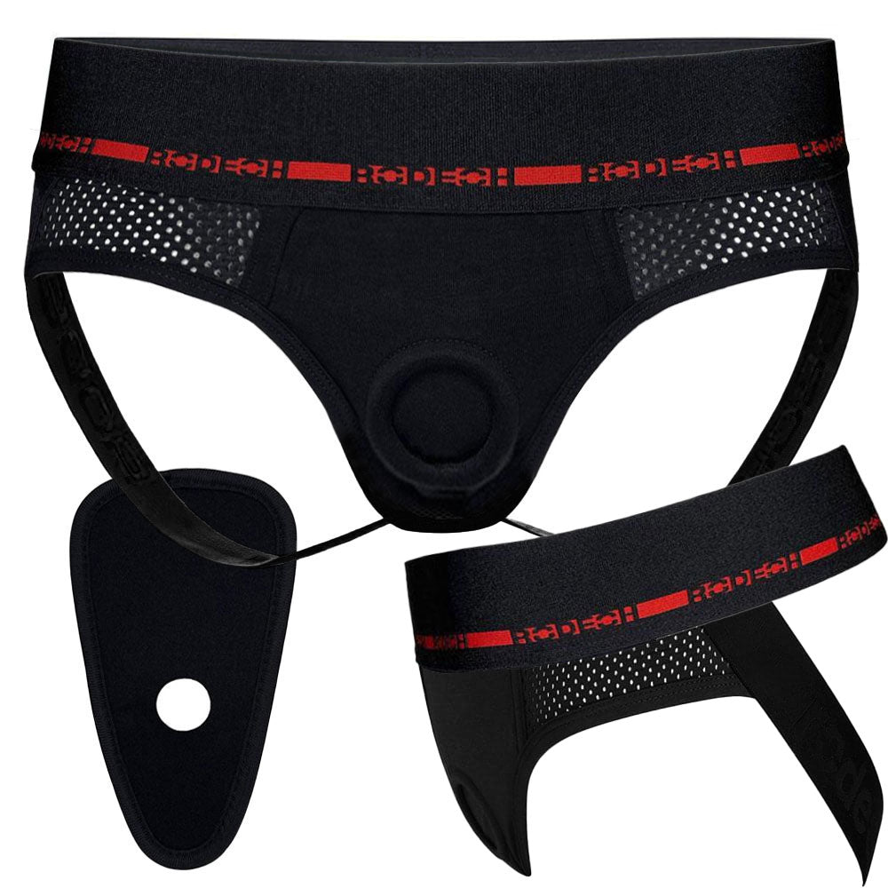 rodeoh jock harness black and red with stabilizer